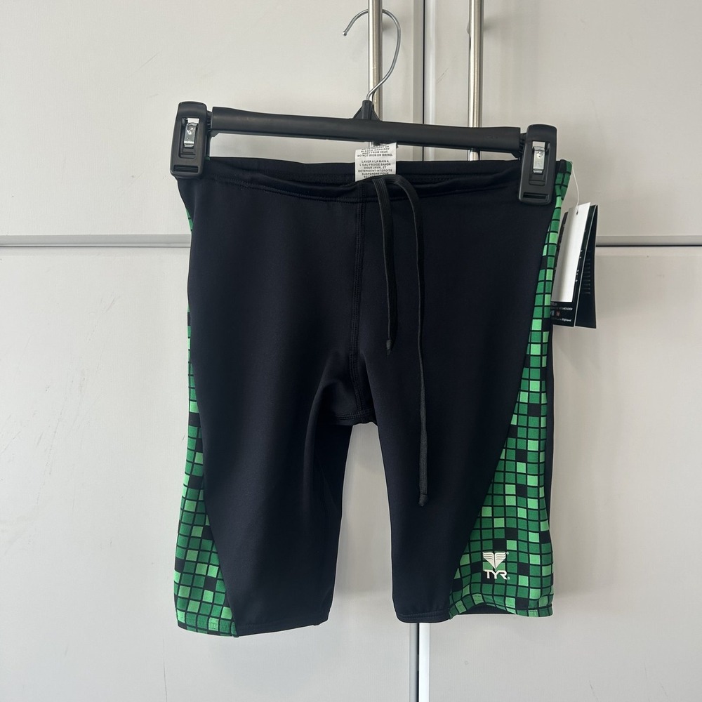 TYR Mens Swim Jammers Black Green Pixel Size 28 NWT Training Shorts